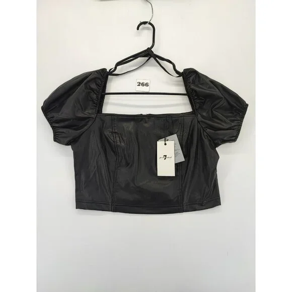 7 For All Mankind Women's Black Faux Leather Puff Sleeves Crop Top Size L - Picture 1 of 8